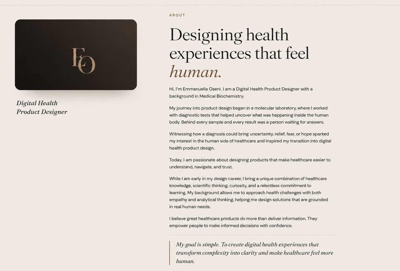 About — Designing health experiences that feel human. Hi, I'm Emmanuella Oseni, a Digital Health Product Designer.